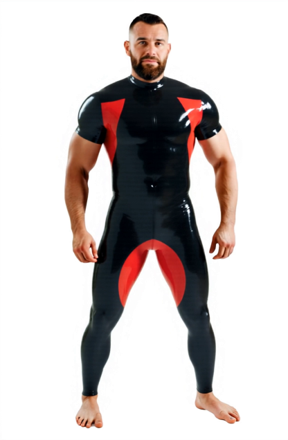 Mysteryglove Men's Glossy PU Leather Full Bodysuit – Black & Red Panel Design with Zipper Back