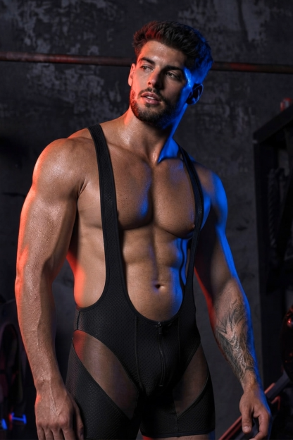 Mysteryglove Men’s Black Mesh Singlet Bodysuit with Front Zipper & Sheer Panels