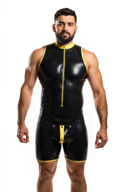 Mysteryglove Sleeveless Glossy Black Bodysuit with Yellow Trim and Zipper Front