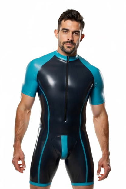 Mysteryglove Men’s PU Leather Zip-Front Short Bodysuit with Color Block Design