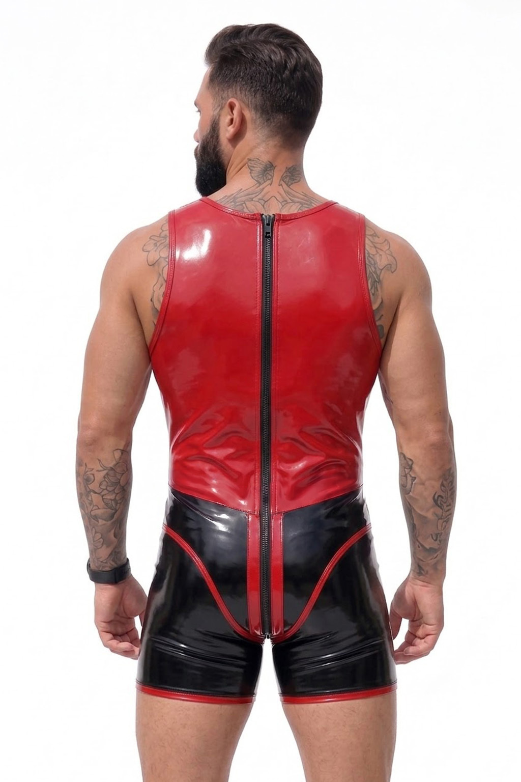 Mysteryglove Red & Black Gloss PU Leather Singlet Bodysuit, Colorblock Panel Design + Front Zip + High Neck