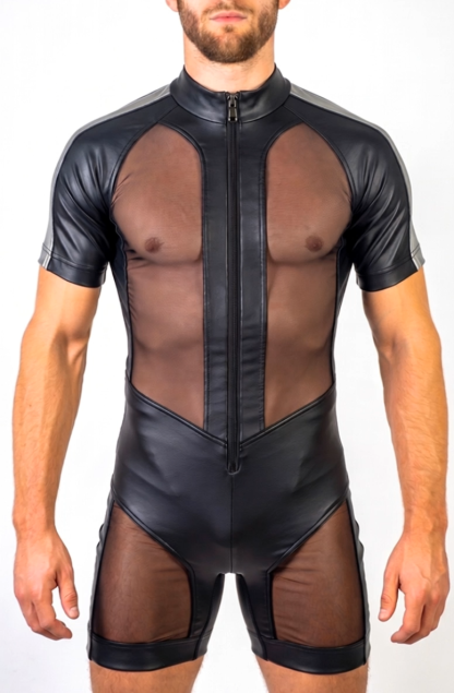 Mysteryglove Men’s PU Leather & Sheer Mesh Shorty Bodysuit — Stand Collar, Front Zip