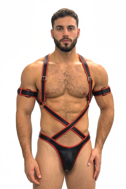 Mysteryglove Men’s Black & Red PU Leather Harness Jockstrap Set with X-Strap Front