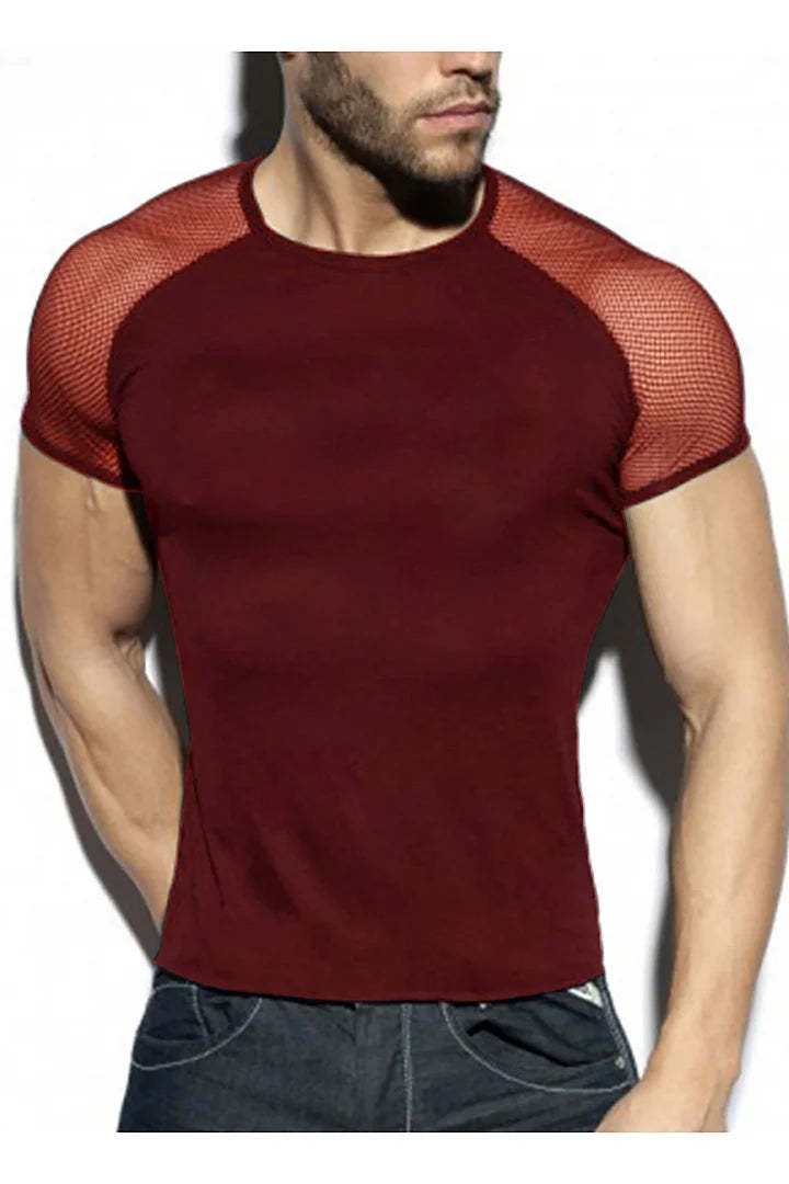 Mesh See Through Patchwork Short Sleeve Round Neck T-shirt