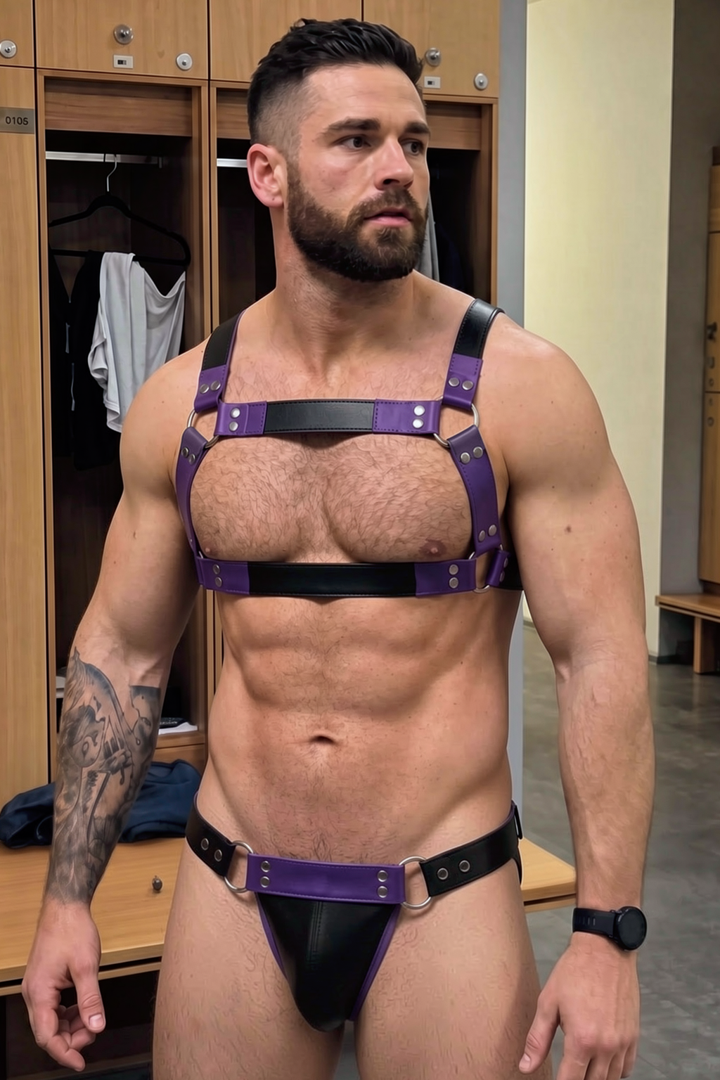 Mysteryglove PU Leather Purple/Black Harness & Jockstrap Set – Open-Back Cheeky Cut