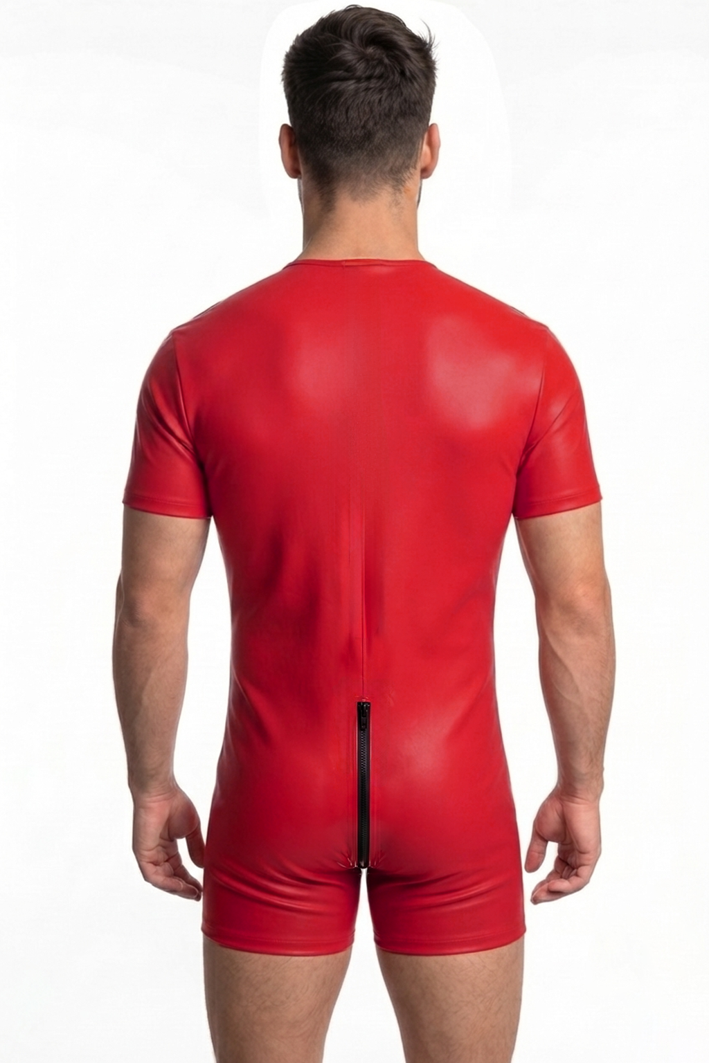 Mysteryglove Men’s PU Leather Bodysuit – Shiny Red with Black Zipper Detailing