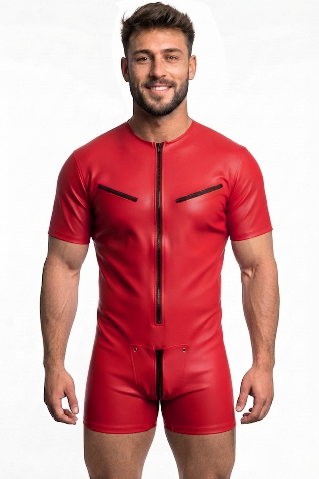 Mysteryglove Men’s PU Leather Bodysuit – Shiny Red with Black Zipper Detailing