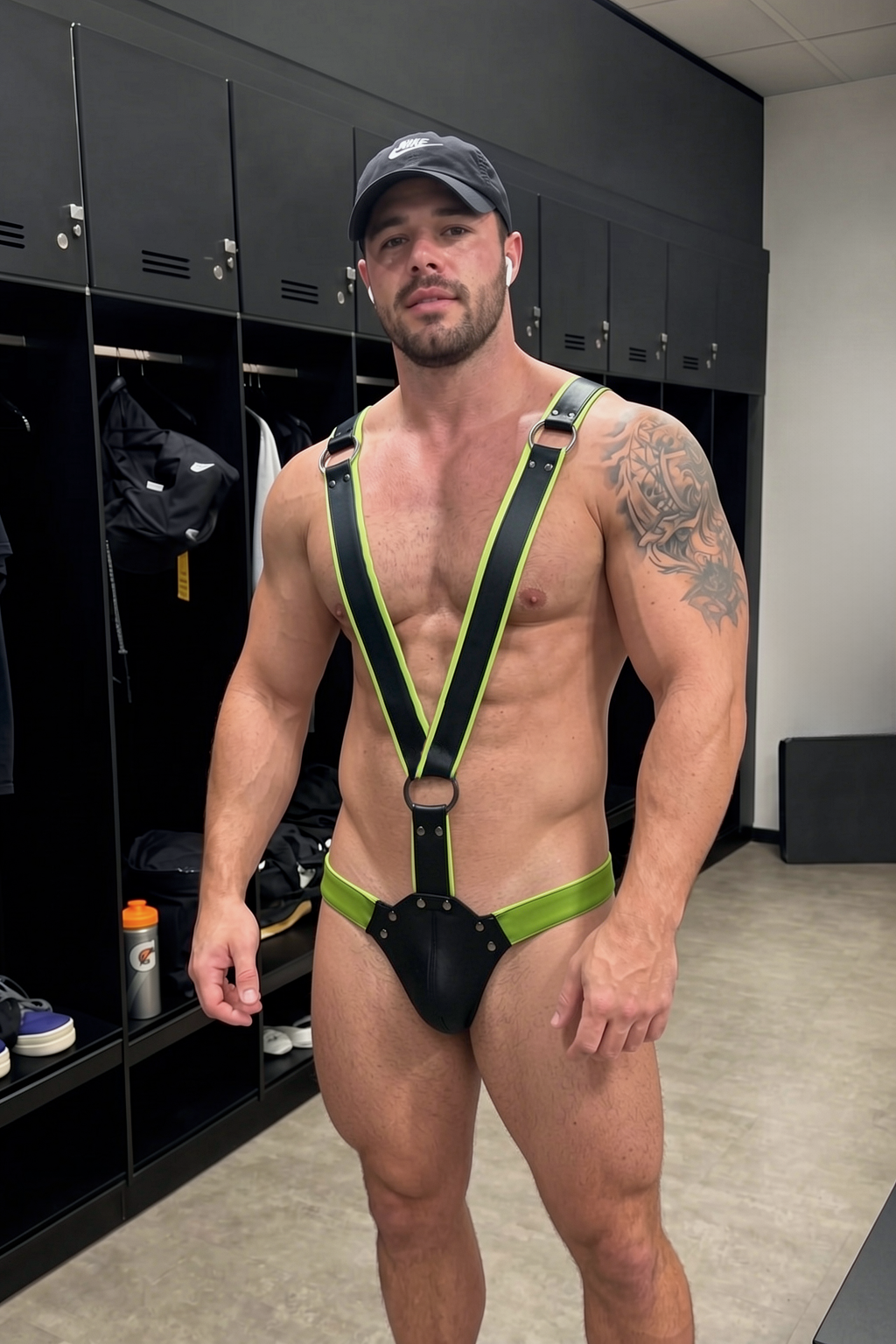 Mysteryglove PU Leather Neon Green Suspender Harness – Deep V Straps + Front O-Ring Brief