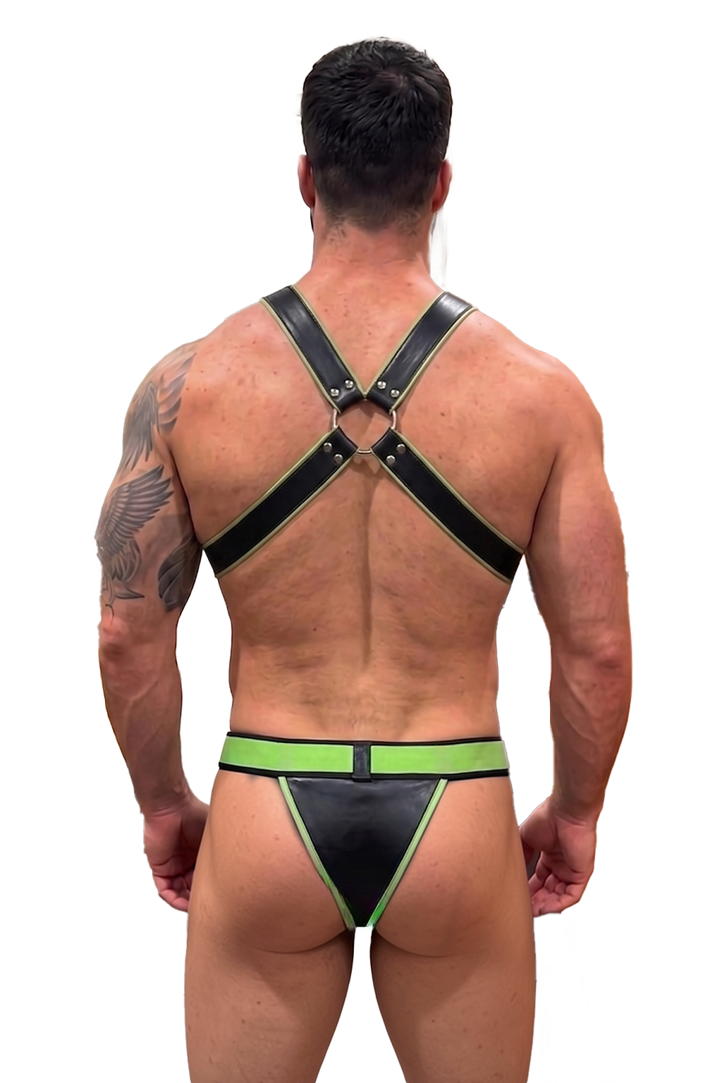 Mysteryglove PU Leather Sport Fetish Set – Black Base, Lime Green Edging, T-Back Brief