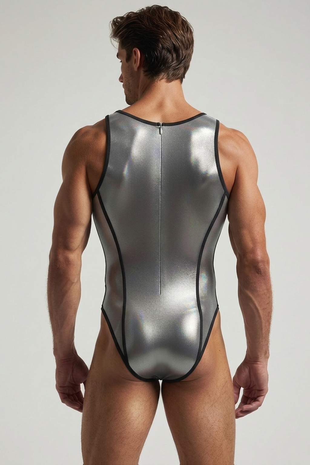 Mysteryglove Metallic Silver Bodysuit Leotard with Black Contrast Trim
