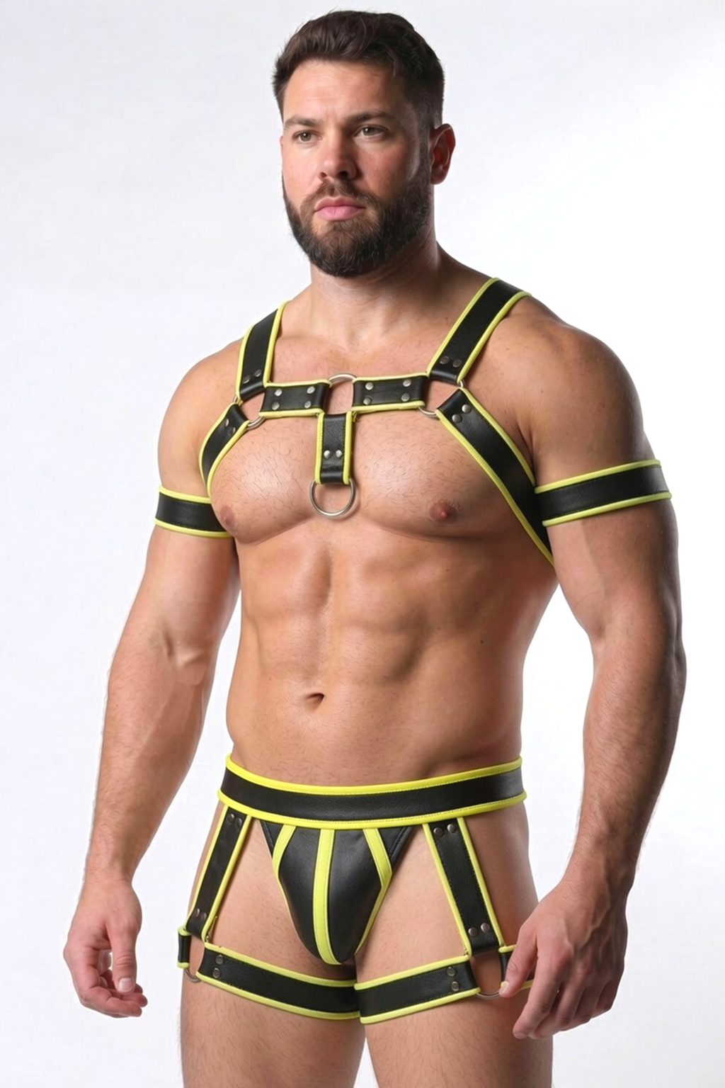 Mysteryglove PU Leather Harness Set with Neon Trim & O-Ring Chest Detail