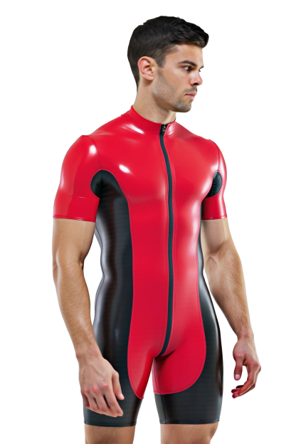 Mysteryglove Red & Black PU Leather Bodysuit – Short Sleeve Zip-Up Design