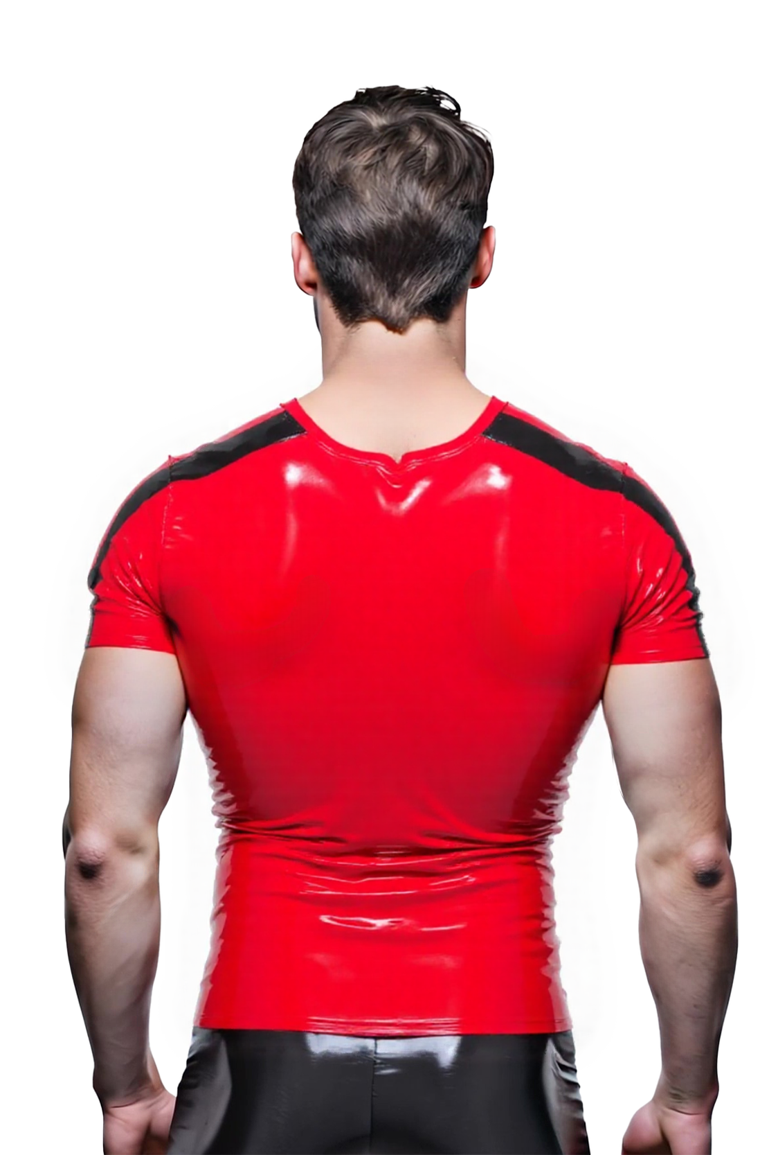 Mysteryglove Men's Shiny PU Leather Short Sleeve Top – Red with Black Panels and Zipper