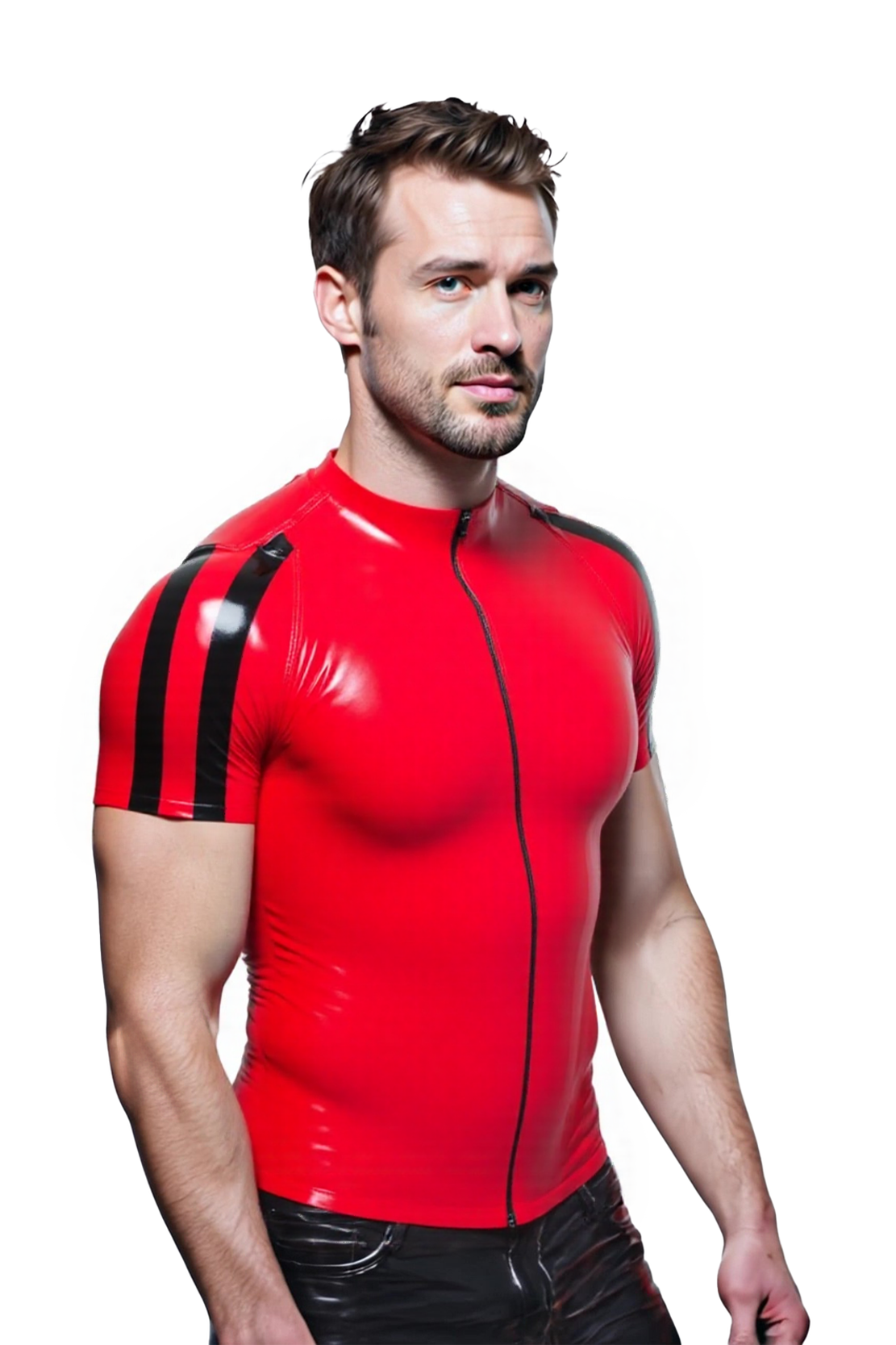 Mysteryglove Men's Shiny PU Leather Short Sleeve Top – Red with Black Panels and Zipper