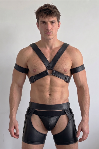 Mysteryglove PU Leather Harness + Open-Back Jock Shorts Set – X-Back Ring Detail (No Arm Bands)