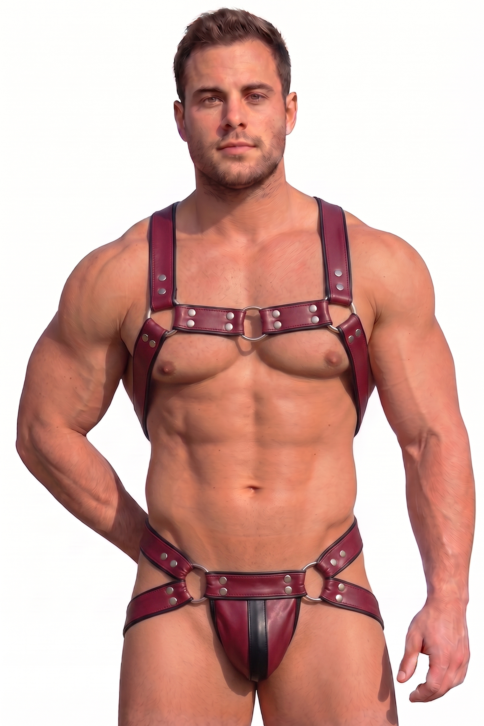 Mysteryglove Deep wine red PU Leather Harness Set — O-Ring Chest Harness + Open-Back Jockstrap