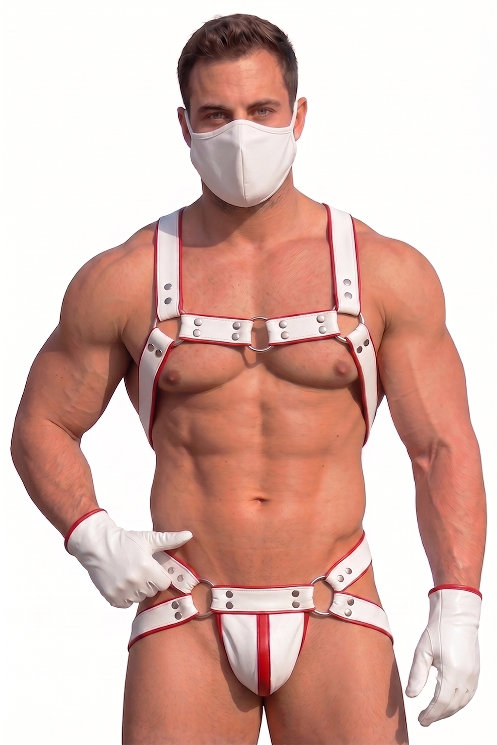 Mysteryglove Black & Red PU Leather Harness Set — O-Ring Chest Harness + Open-Back Jockstrap