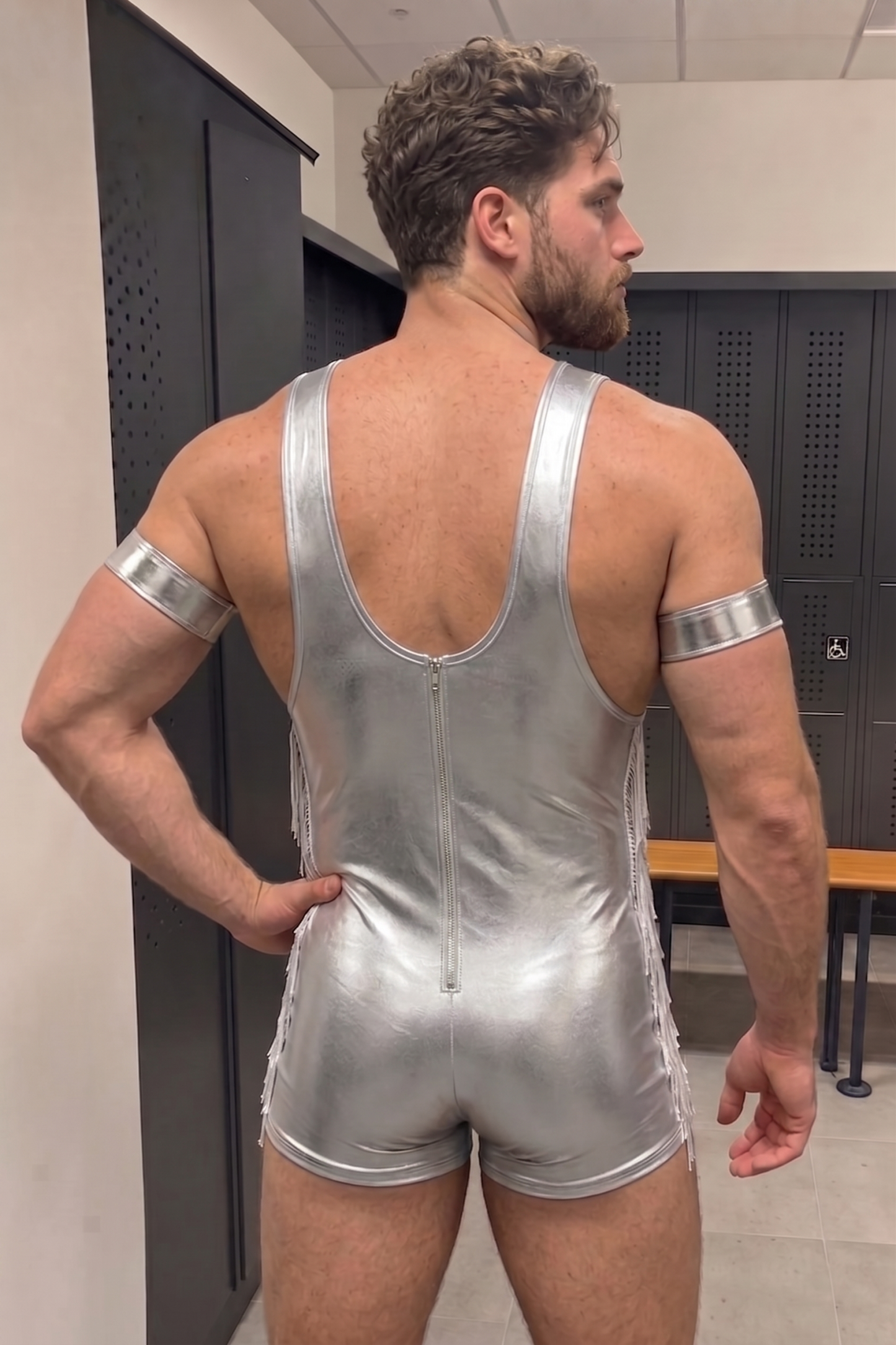 Mysteryglove Men’s Metallic PU Leather-Look One-Piece — Sleeveless Wrestling Singlet Style