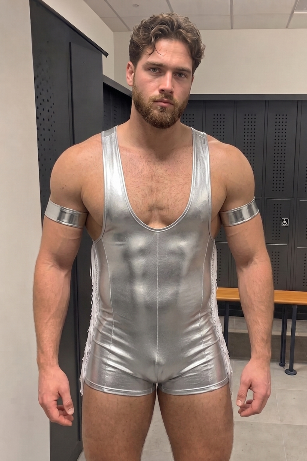 Mysteryglove Men’s Metallic PU Leather-Look One-Piece — Sleeveless Wrestling Singlet Style