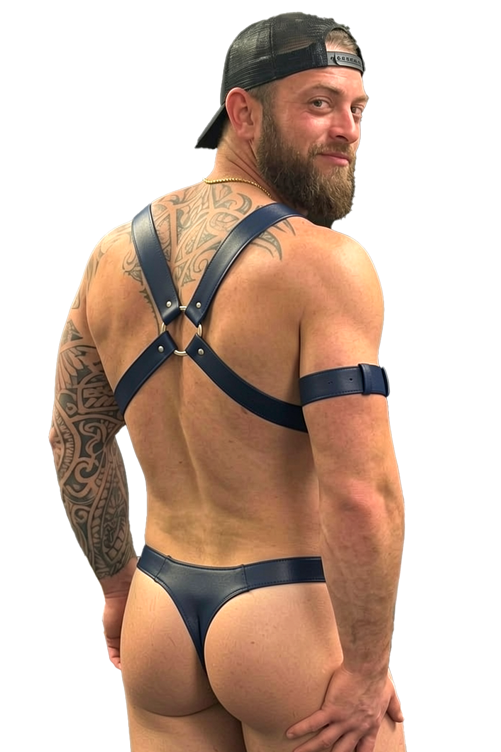 Mysteryglove Men’s Navy PU Leather Harness Jockstrap Set with X-Back Straps