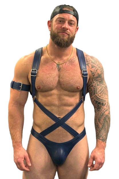 Mysteryglove Men’s Navy PU Leather Harness Jockstrap Set with X-Back Straps