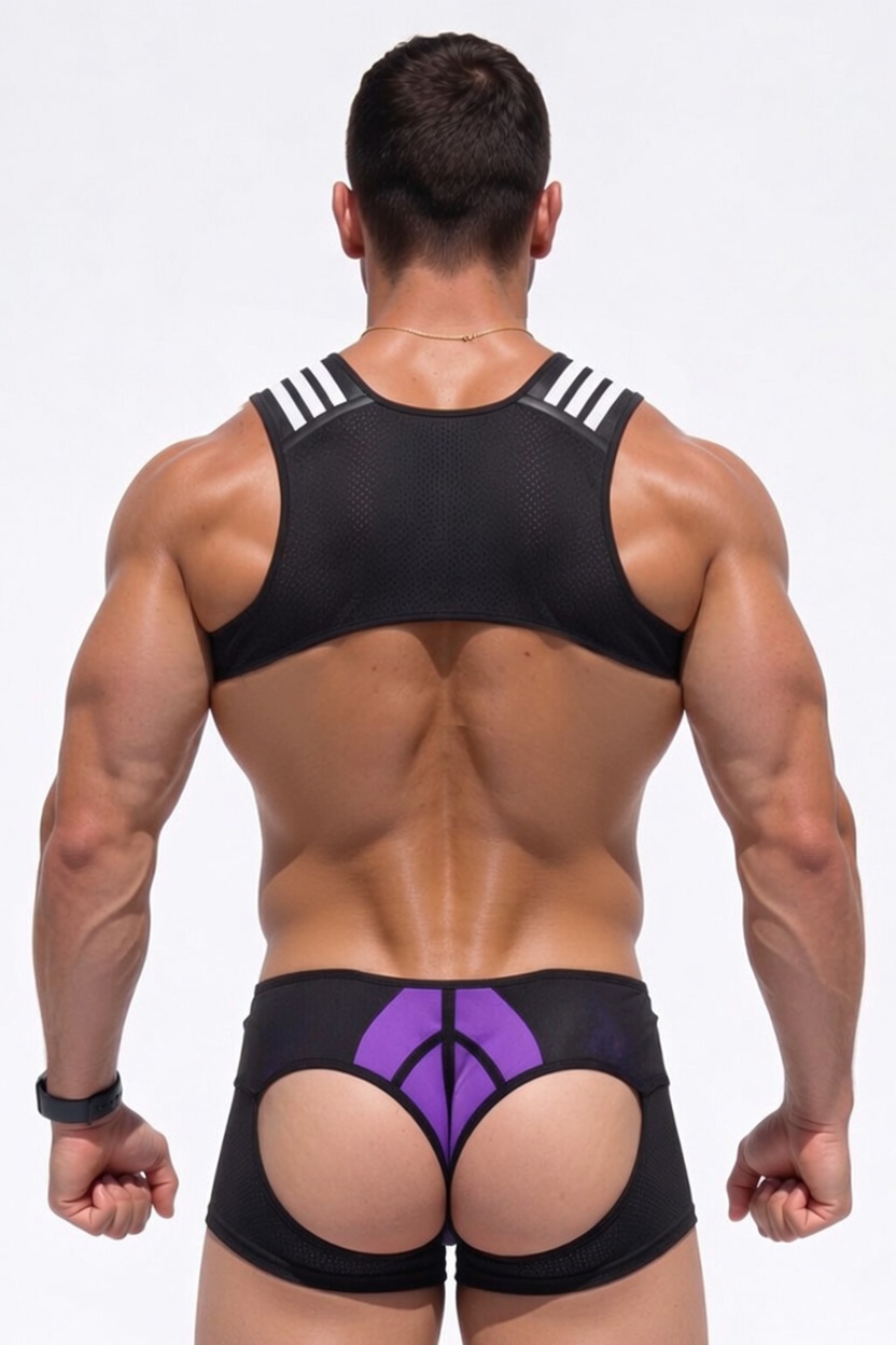 Mysteryglove Men’s Mesh Harness Jockstrap Shorts Set — Suspender Clips & Purple Panel Design