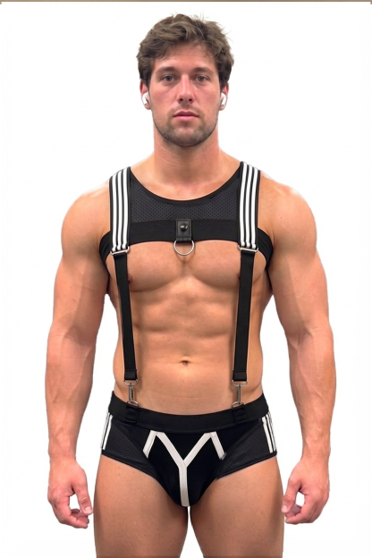 Mysteryglove Men’s Mesh Harness Brief Set — Suspender Straps, D-Ring Chest & Stripe Detail