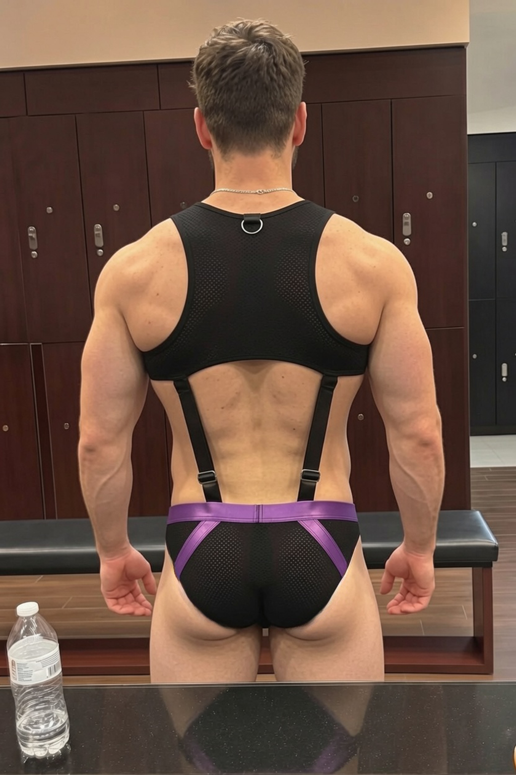 Mysteryglove Men’s Mesh Harness Jockstrap Set — Purple Trim, Suspender Straps & D-Ring Front