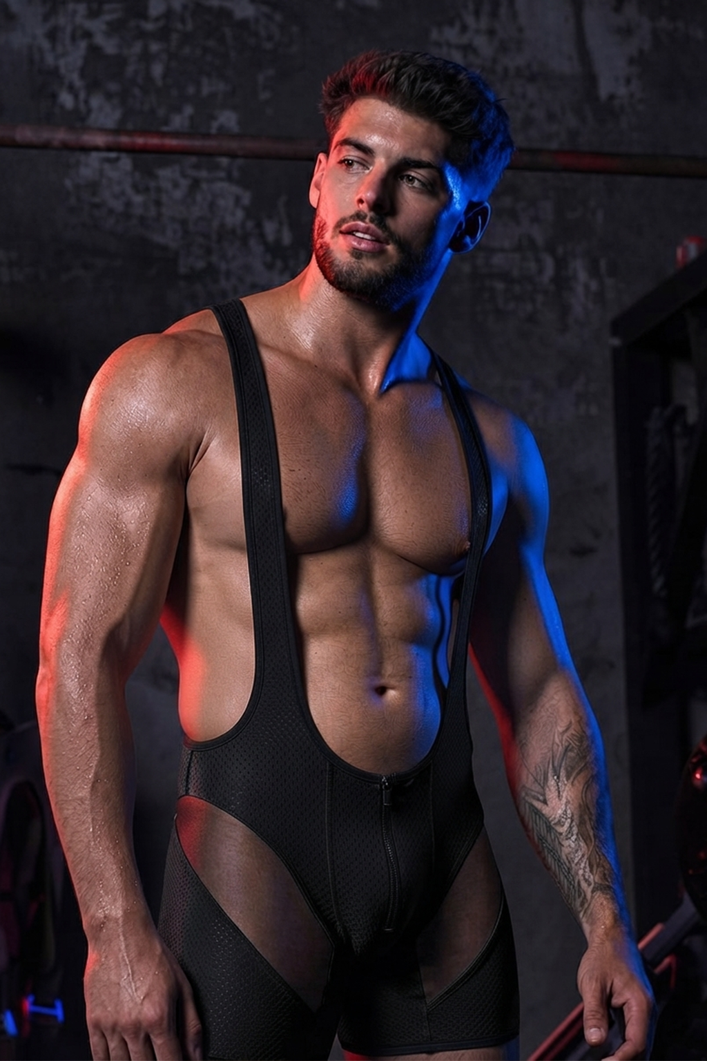 Mysteryglove Men’s Black Mesh Singlet Bodysuit with Front Zipper & Sheer Panels