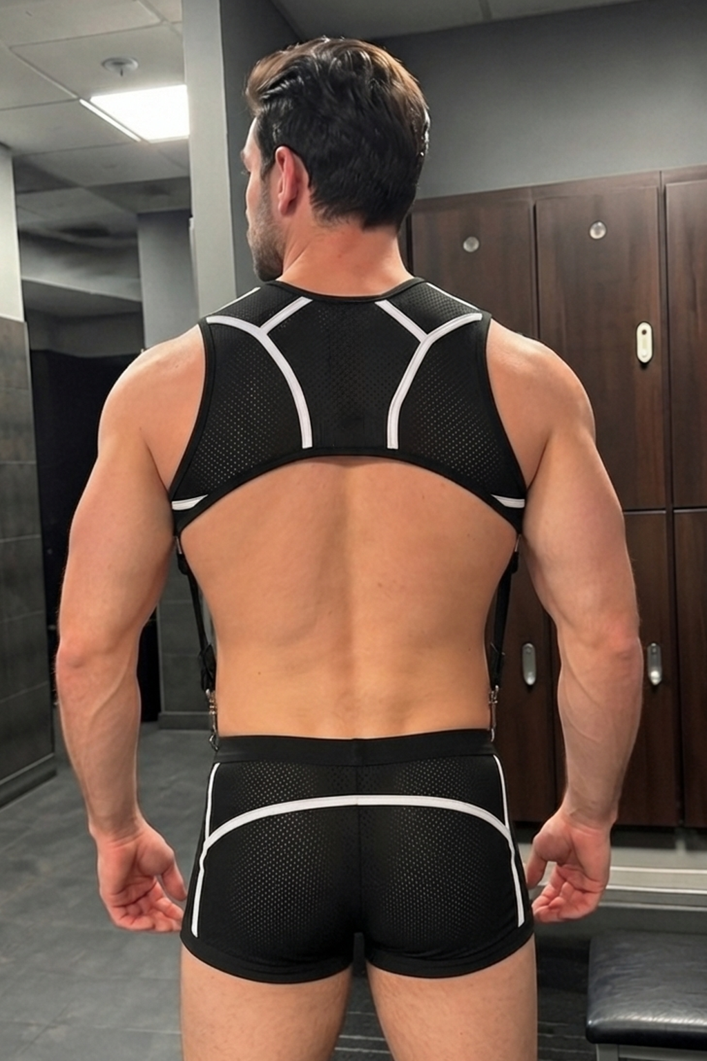 Mysteryglove Men’s Sport Mesh Harness Set — D-Ring Chest, Clip Suspenders & Boxer Briefs