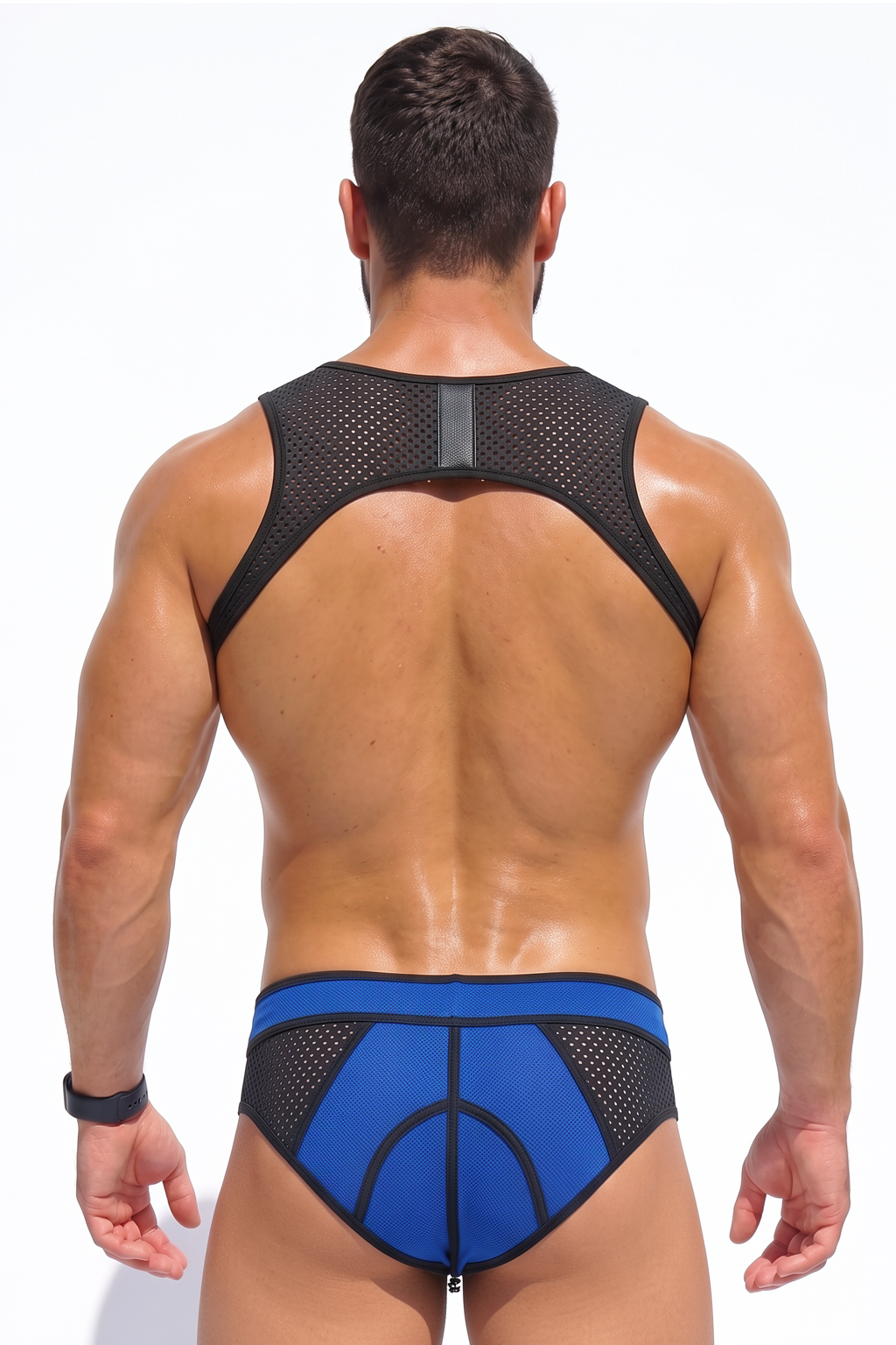 Mysteryglove Men’s Mesh Harness Brief Set — Blue Panel Pouch, Clip Suspenders & O-Ring Chest
