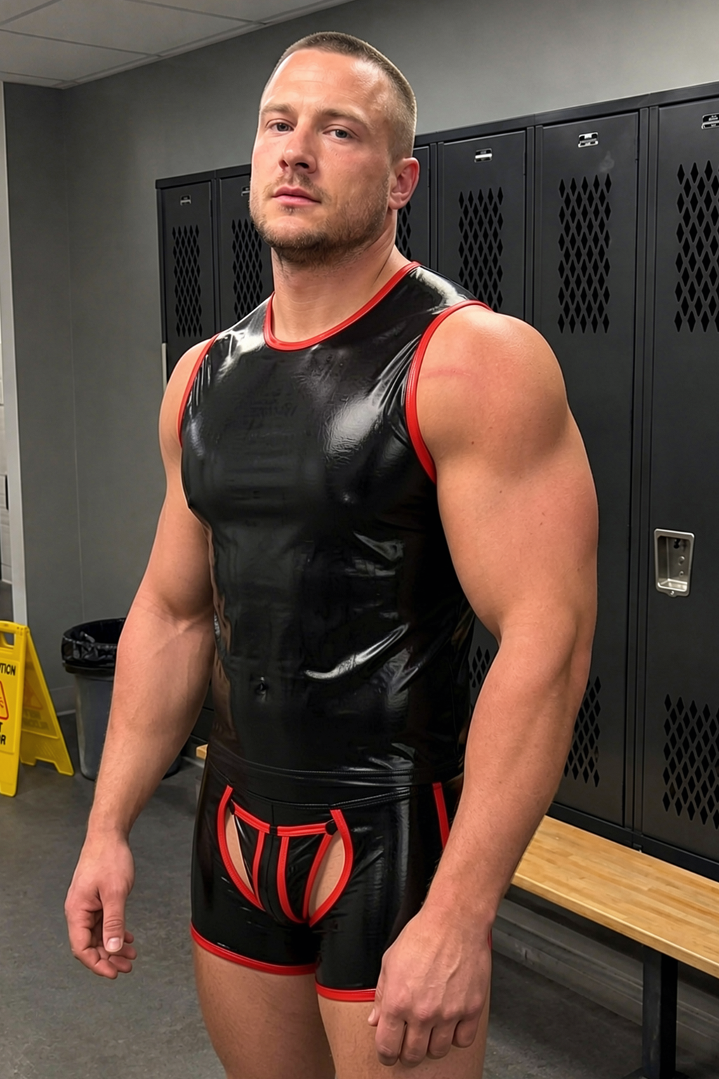 Mysteryglove PU Leather Singlet – Glossy Black with Red Trim, Zip-Back