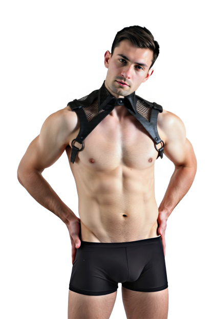 Mesh and Faux Leather Harness with Bold Red and Black Accents