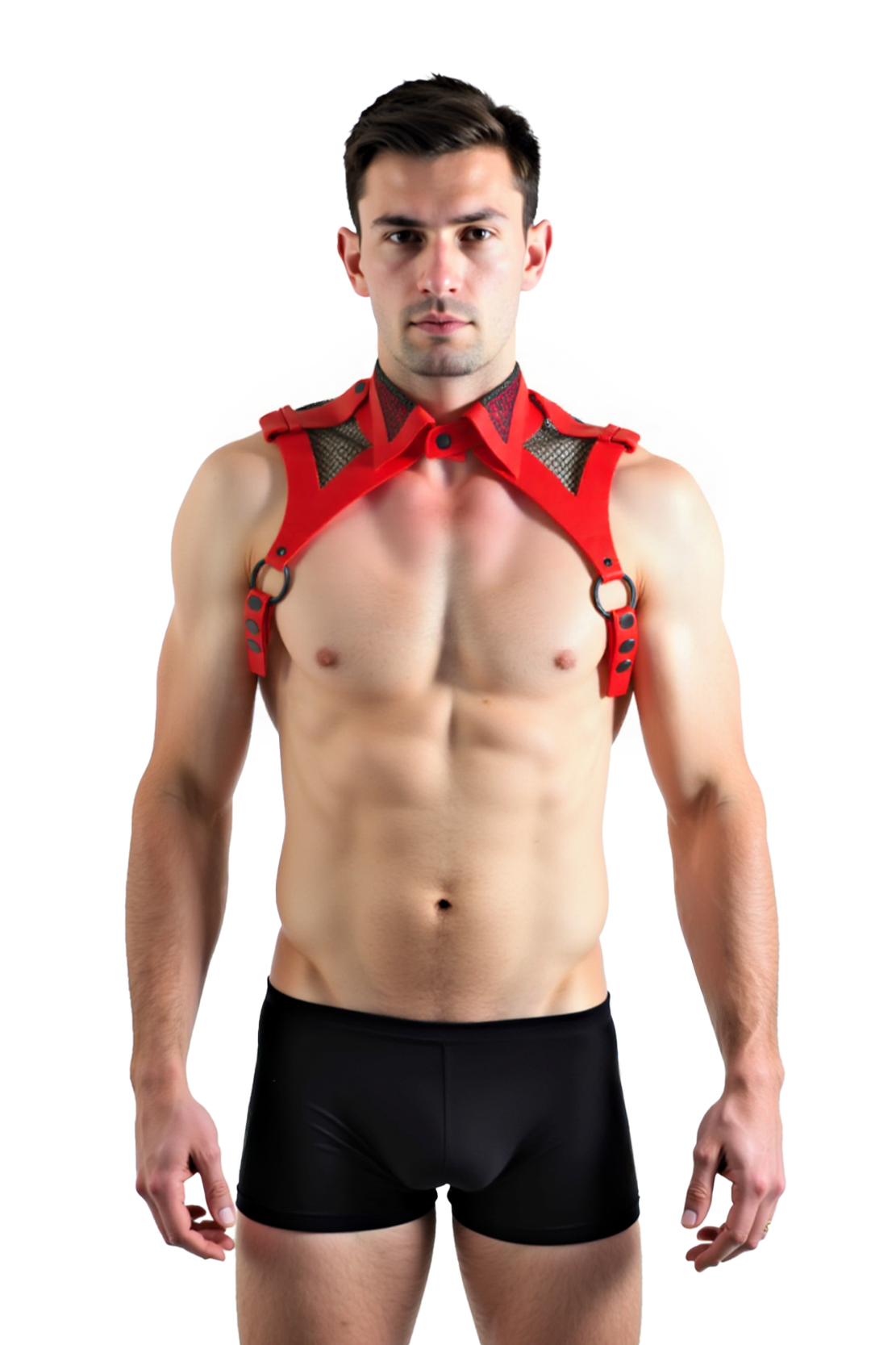 Mesh and Faux Leather Harness with Bold Red and Black Accents
