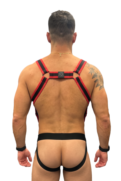 Mysteryglove Red-Trim Strappy Harness + Matching Jockstrap Set (Black/Red)