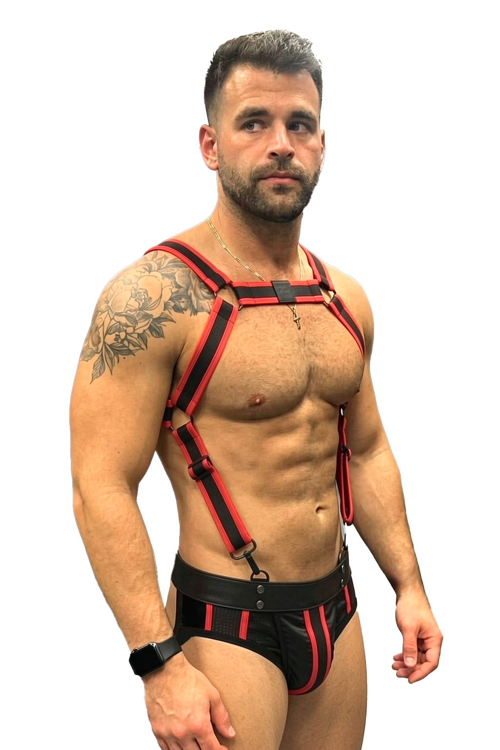 Mysteryglove Red-Trim Strappy Harness + Matching Jockstrap Set (Black/Red)
