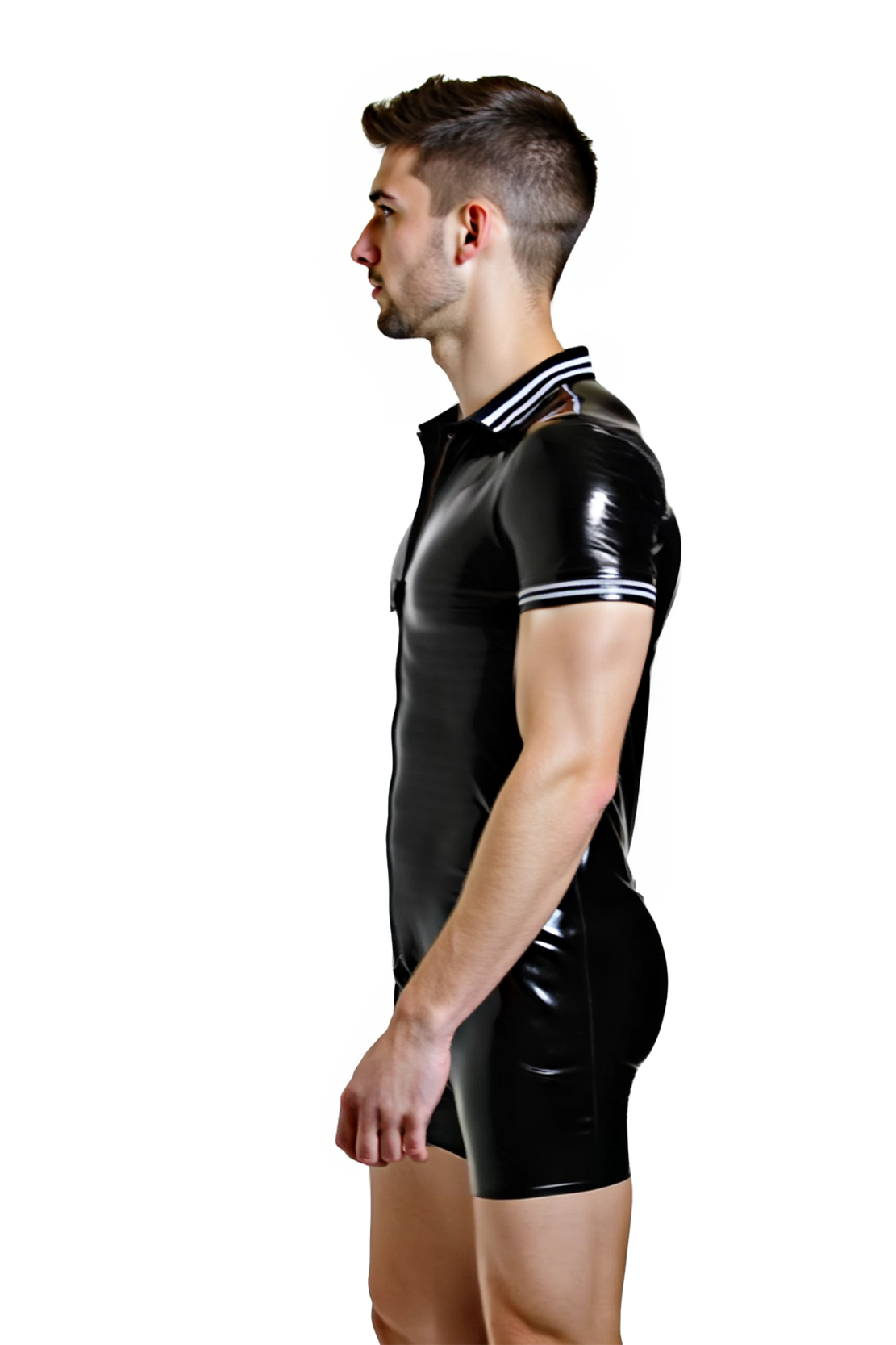 Mysteryglove Men's High-Shine PU Leather Polo Bodysuit – Black with White Striped Details