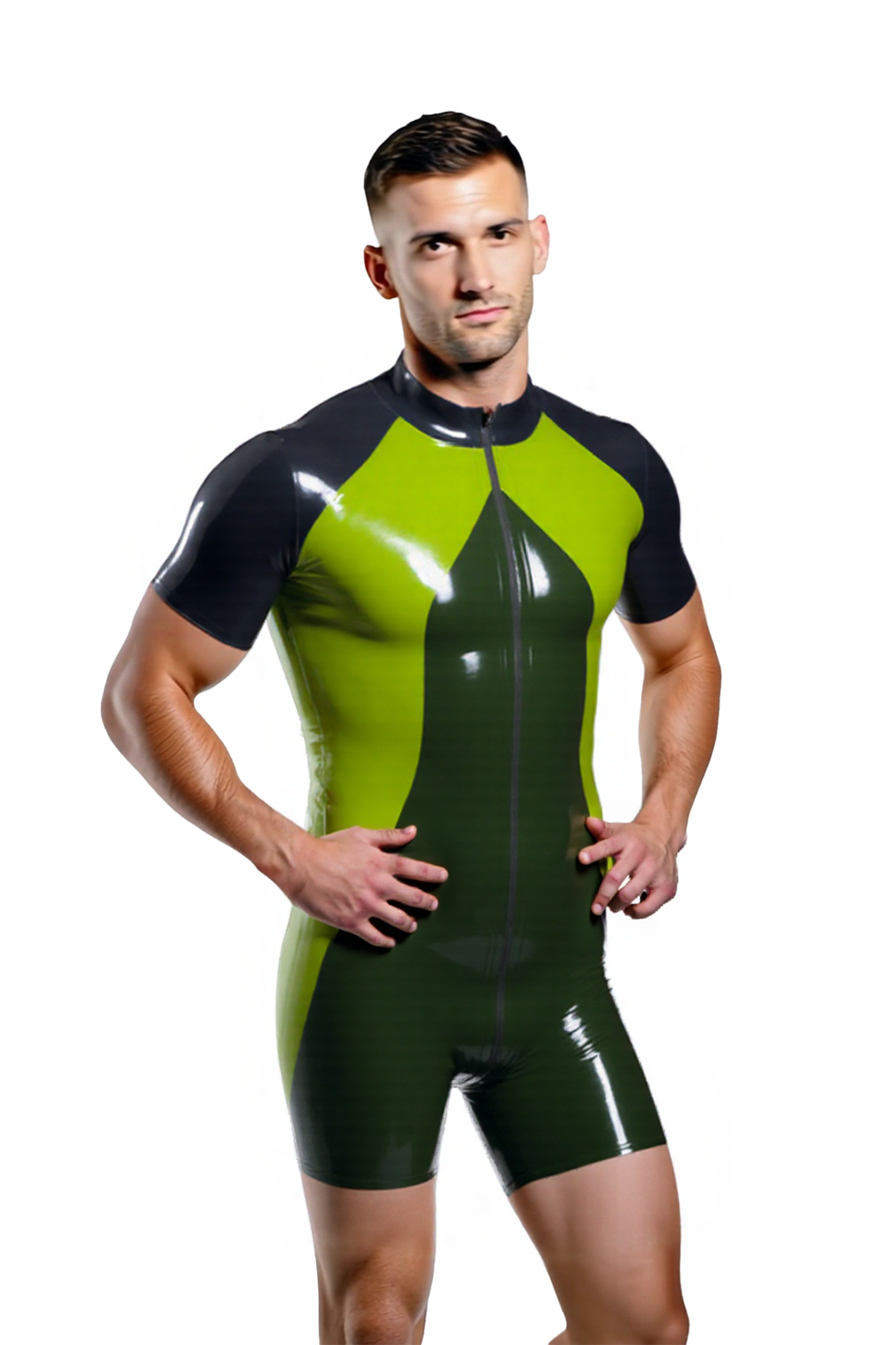 Mysteryglove Men's High-Shine PU Leather Bodysuit – Vibrant Green and Black with Bold Zipper
