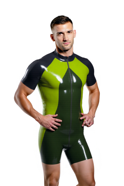 Mysteryglove Men's High-Shine PU Leather Bodysuit – Vibrant Green and Black with Bold Zipper