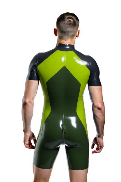 Mysteryglove Men's High-Shine PU Leather Bodysuit – Vibrant Green and Black with Bold Zipper