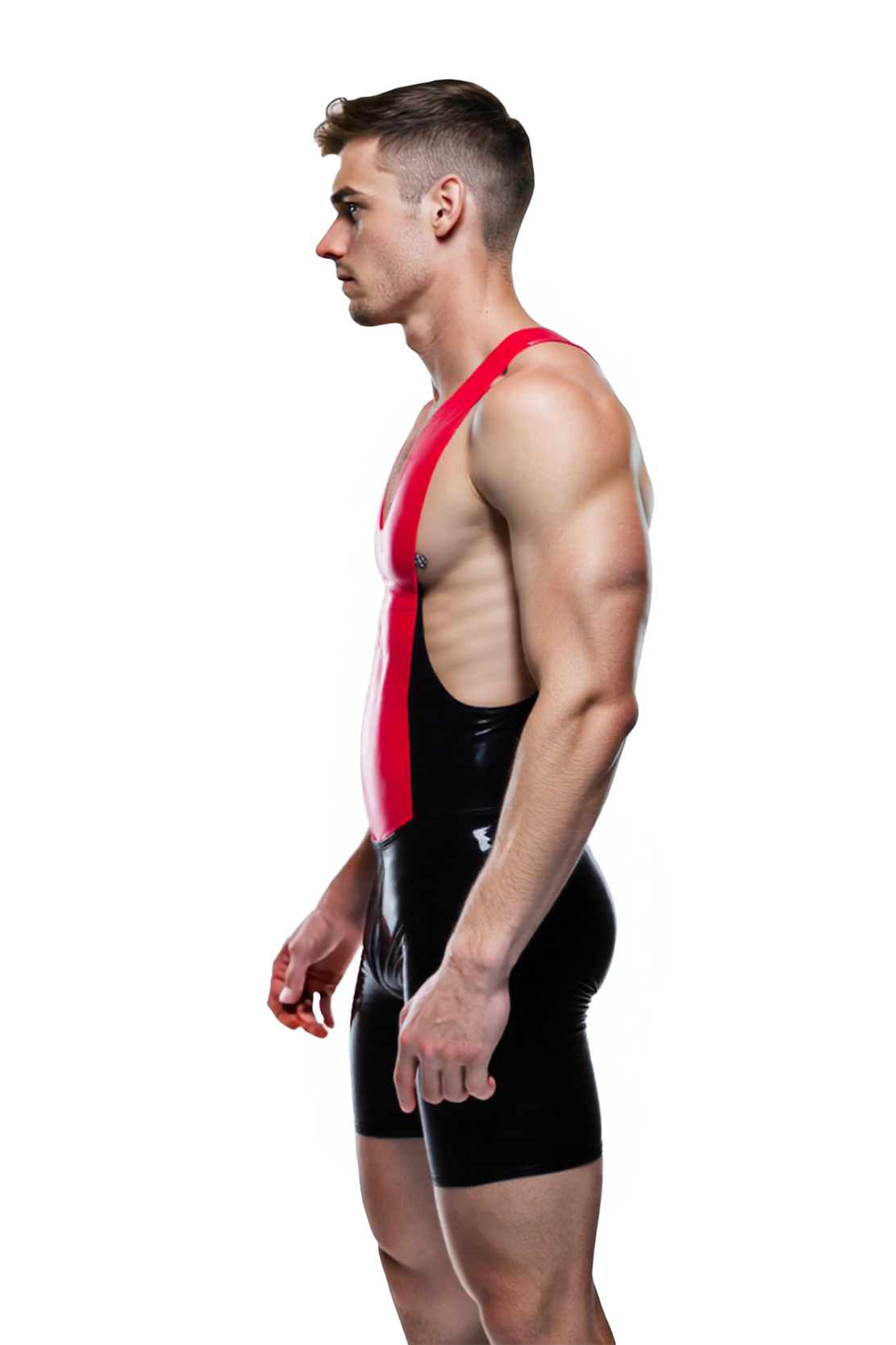 Mysteryglove Bold Red and Black PU Leather Bodysuit with Zipper Front