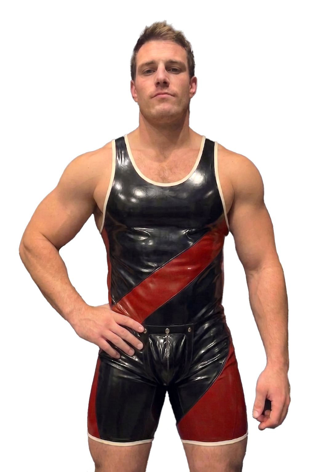 Mysteryglove PU Leather Gloss Singlet – Black/Red Diagonal Stripe + Open-Seat Back