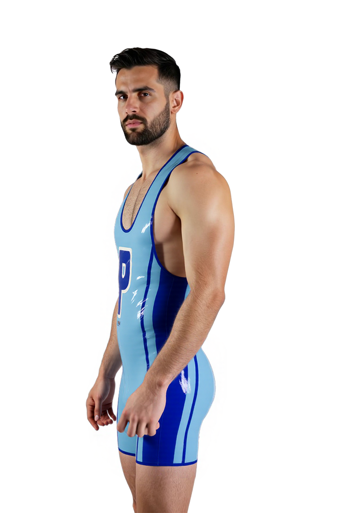 Mysteryglove Glossy Blue PU Singlet – Racerback Design with Bold 'P' Logo