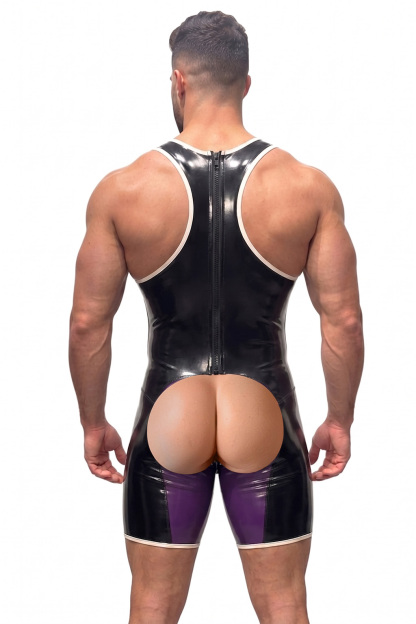 Mysteryglove Glossy PU Leather Black/Purple Colorblock Wrestling Singlet with Racerback
