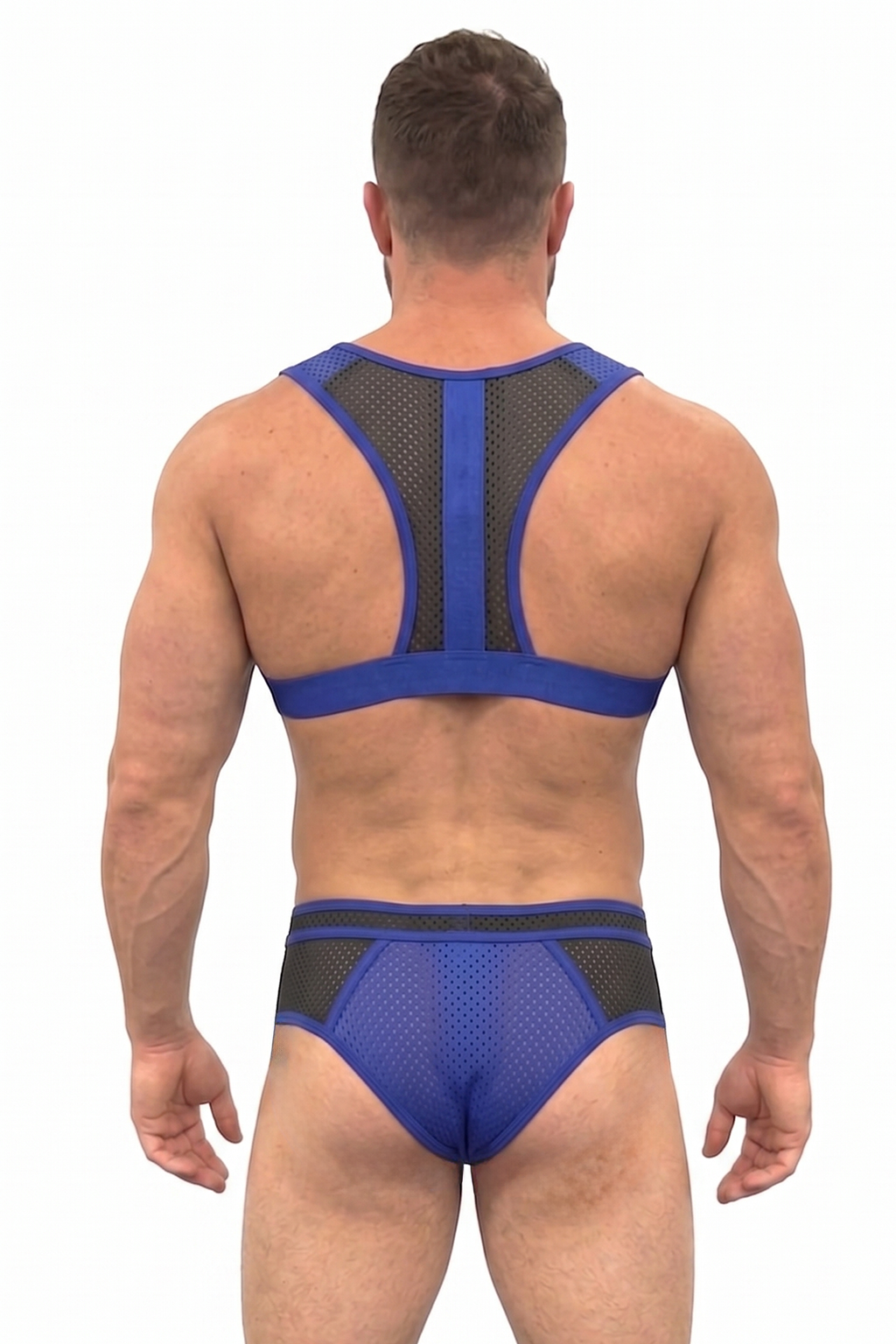 Mysteryglove Blue Mesh Open-Chest Harness Set with Matching Briefs