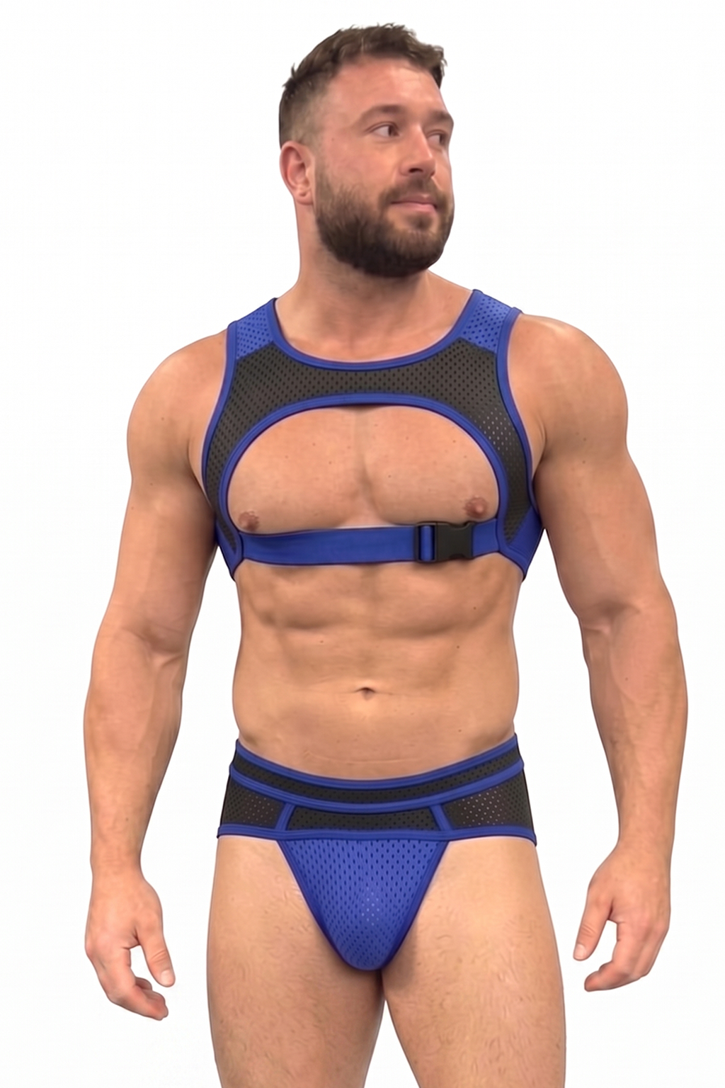Mysteryglove Blue Mesh Open-Chest Harness Set with Matching Briefs