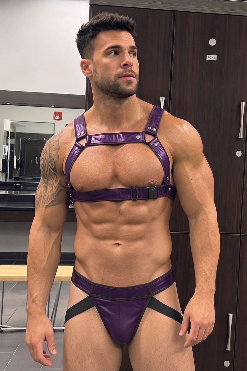 Mysteryglove Purple PU Leather Chest Harness & Jockstrap Set for Men