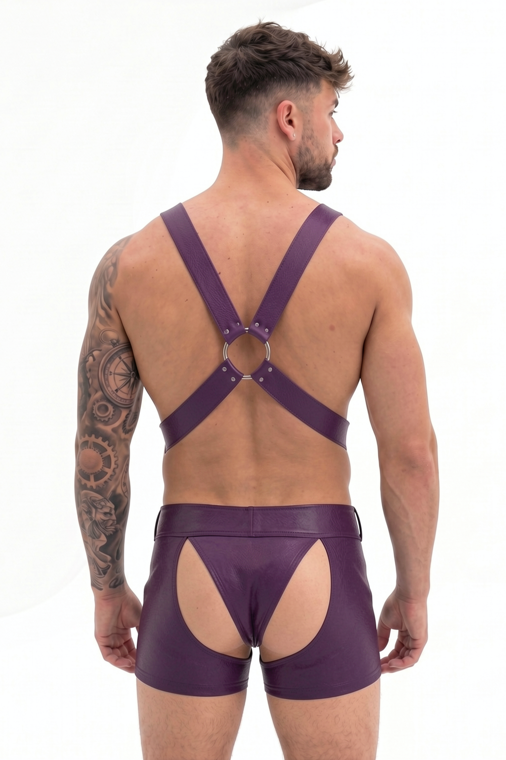 Mysteryglove Purple PU Leather X-Back Harness with Cutout Boxer Briefs Set