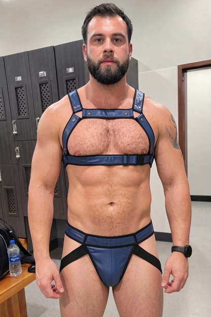 Mysteryglove Navy PU Leather Chest Harness & Jockstrap Set with X-Back Detail