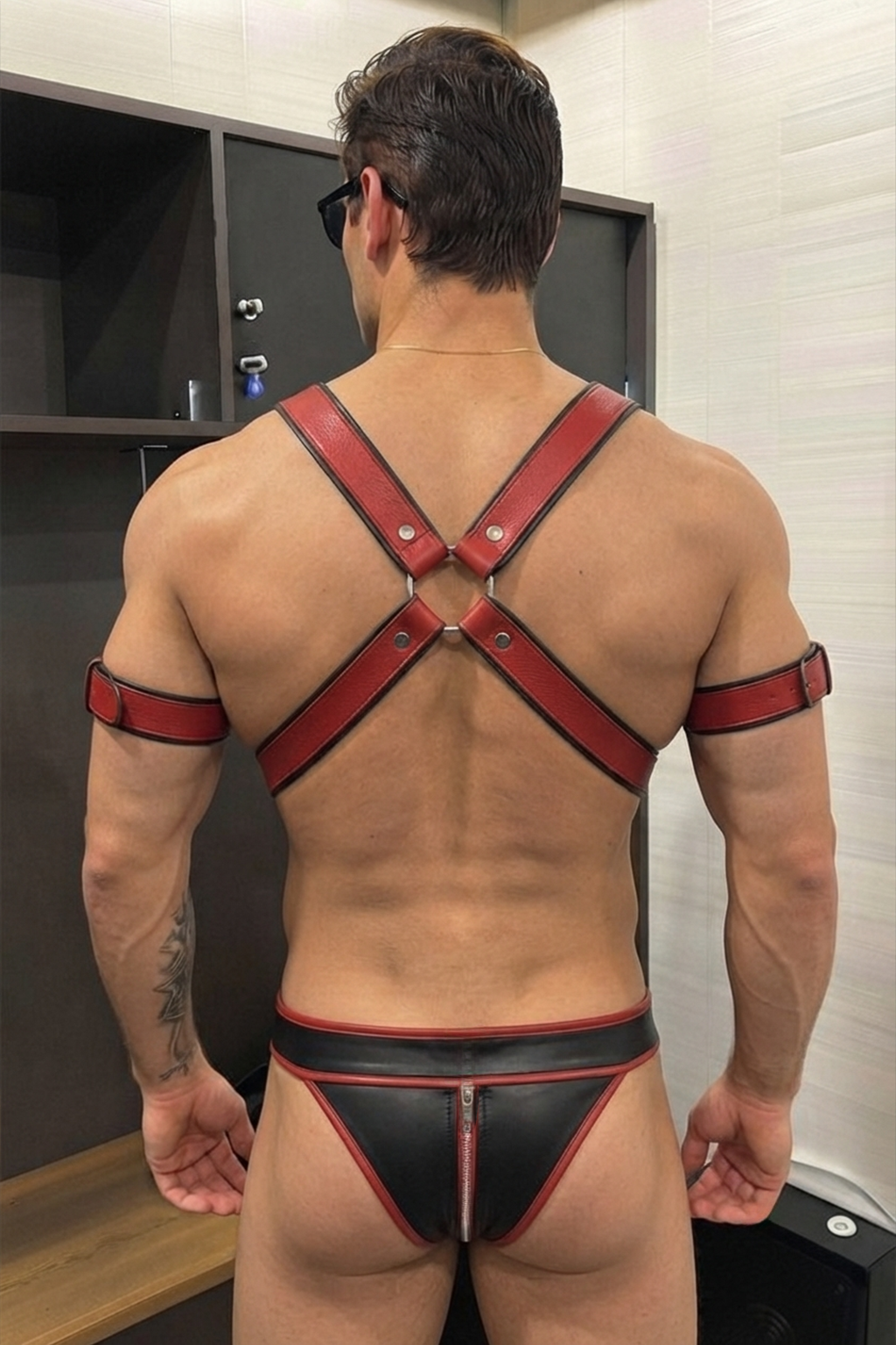 Mysteryglove Army Red PU Leather X-Chest Harness & Zipper Jockstrap Set (No Armbands)